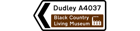 Dudley A4037 road sign with brown visitor attraction information for the Black Country Living Museum