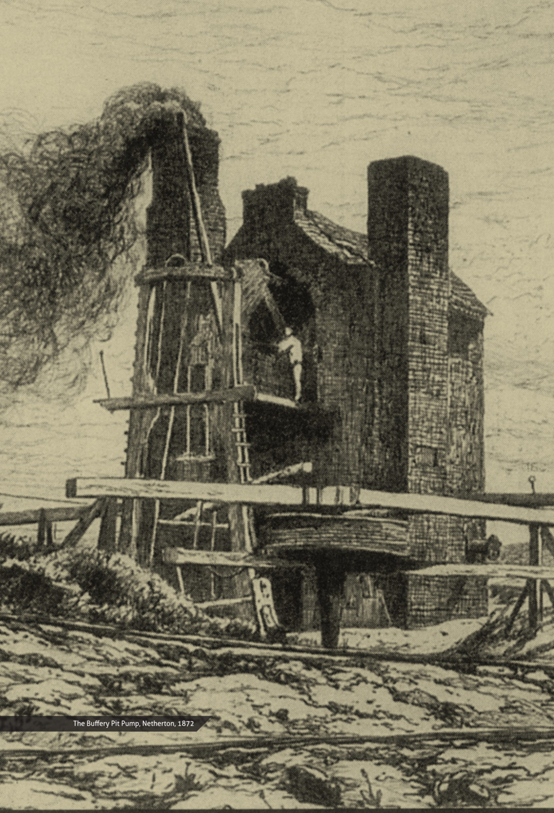 Image of the old Bufferty pumping engine in the West Midlands from 1872 (contemporary sketch)