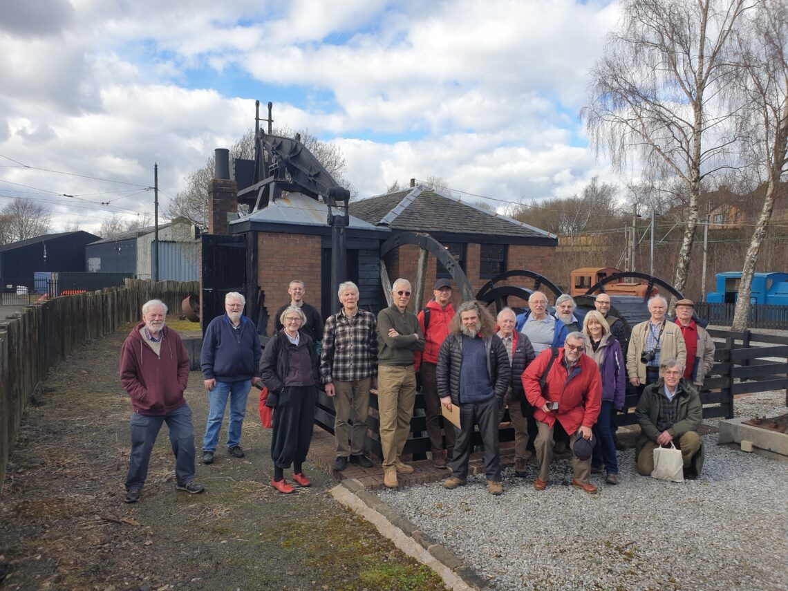 Group of IEEC3 attendees in front of the Farme Colliery Newcomen winding engine at Summerlee Museum of Scottish Industrial Life at Coatbridge in North Lanarkshire, 24th March 2024