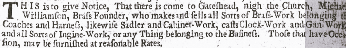 Newcastle Courant advert for brass worker Michael Williamson 1724